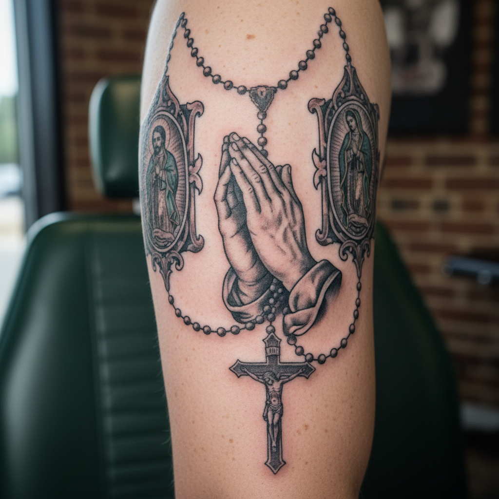 Rosary, Praying Hands, and Religious Tattoos